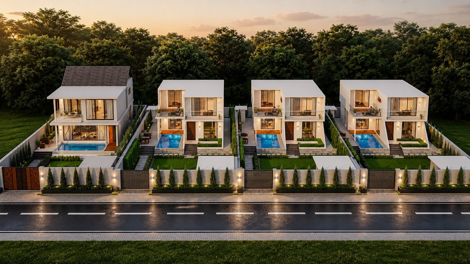 Row of DA Paradiso villas at dusk
